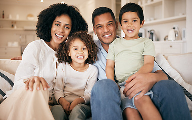 Image showing Family, parents and portrait of kids on sofa for bonding, healthy relationship and relax in home. Happy, African and mother, father and children hug, embrace and cuddle for trust, support and love