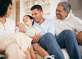 Image showing Hug, parents or happy kids with grandpa on sofa for bonding, healthy relationship or relax in home. Smile, grandfather and mother with dad or children laughing with trust, support or love in family