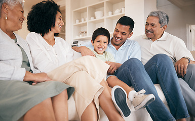 Image showing Mom, dad or happy kid with grandparents on sofa to bond, laugh or relax in family home with smile. Care, grandfather and grandmother with dad, mom or child in lounge with trust, support or love