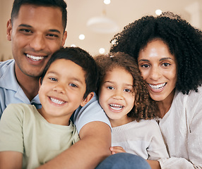 Image showing Happy family, parents and portrait of kids in home for bonding, healthy relationship and relax. Interracial, face and mother, father and children hug, embrace and cuddle for trust, support and love