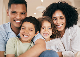 Image showing Family, parents and portrait of kids in home with smile for bonding, healthy relationship and relax. Happy, face and interracial mother, father and children hug and embrace for trust, support or love