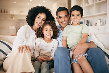 Image showing Family, parents and portrait of kids on sofa smile for bonding, healthy relationship and relax. Happy, home and mother, father and children hug, embrace and cuddle for trust, support and love