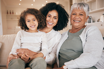 Image showing Portrait, mother or kid with grandma on sofa for bonding, healthy relationship or relax in family home. Smile, wellness or happy grandmother with mom or child in lounge with trust, support or love