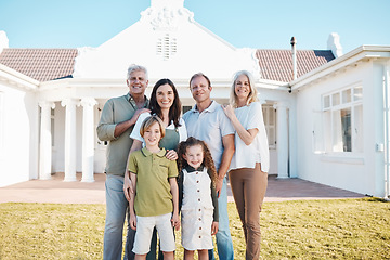 Image showing Happy big family, portrait and real estate on grass in new home, property or investment on outdoor lawn. Parents, grandparents and kids smile for moving in, house or bonding in happiness together