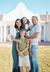 Image showing Happy family, portrait and real estate on grass in new home, property or investment on outdoor lawn. Mother, father and kids smile for moving in, house or bonding in happiness or embrace together