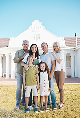 Image showing Happy big family, portrait and real estate on lawn in new home, property or investment on outdoor grass. Parents, grandparents and kids smile for moving in, house or bonding in happiness together