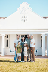 Image showing Happy big family, portrait and hug in real estate, new home or property investment on outdoor grass or lawn. Parents, grandparents and kids smile for moving in, house or bonding in happiness together