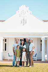 Image showing Happy big family, portrait and hug in new home on lawn, property or investment on outdoor grass. Parents, grandparents and children smile for moving in, house or happiness in real estate together