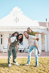 Image showing Happy family, real estate and piggyback on grass by new home, property or apartment on outdoor lawn. Mother, father and children smile in happiness for bonding, investment or holiday weekend at house