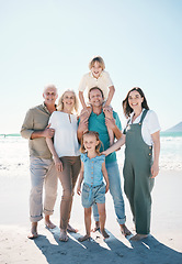 Image showing Big family, grandparents portrait or happy kids at sea to relax or travel on beach holiday together. Dad, mom or children siblings love bonding with senior grandmother or grandfather in Australia