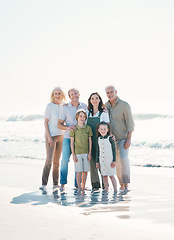 Image showing Happy, beach and portrait of family generations together on vacation, holiday or tropical weekend trip. Smile, travel and children with parents and grandparents bonding by the ocean in Australia.