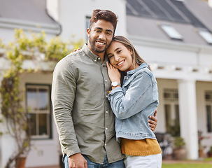 Image showing Portrait, happy couple and hug at backyard of home, bonding and together in garden. Love, smile of man and woman embrace in healthy relationship, support and connection for care by house outdoor.