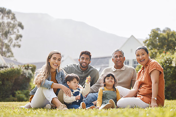 Image showing Big family, portrait or children in nature to relax with grandparents on holiday vacation at home. Dad, picnic or happy kids bonding with mom, grandmother or grandfather on grass or garden together