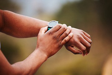 Image showing Smart watch, nature or hands of athlete for sports workout, heartbeat info or fitness progress on app. Personal trainer, exercise or closeup of person with timer to check or monitor gym data on clock