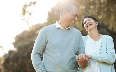 Image showing Happy, love and senior couple in a park on an outdoor date for romance, bonding or love. Smile, talking and elderly man and woman in retirement in conversation walking in a field together at sunset.