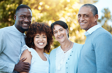 Image showing Nature, portrait and people with senior parents in an outdoor park for bonding together. Happy, smile and young man and woman with elderly mom and dad in retirement in green garden for fresh air.