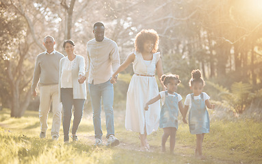 Image showing Big family in park, holding hands and walking together for love, bonding on nature adventure. Mother, father and children in garden with grandparents, parents and kids on path in woods or forrest.