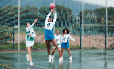 Image showing Sports, team and netball with woman jump for ball, competition and athlete playing game, court challenge or active match. Motion blur, action and group workout, exercise and player training together