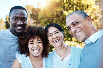 Image showing Selfie, portrait and people with senior parents in an outdoor park for adventure, holiday or weekend trip. Happy, smile and young man and woman taking picture with elderly mom and dad from Mexico.