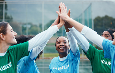 Image showing High five, community and team of volunteers with success, motivation and problem solving with solution together. Teamwork, charity and group of women winning at equality in unity and solidarity