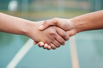 Image showing Handshake, partnership and sports outdoor, team or support with fitness closeup. People shaking hands, athlete collaboration at competition and working together, solidarity and trust with cooperation
