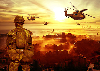 Image showing Combat, military and soldier with fire in explosion for service, army duty and battle in camouflage. Apocalypse, bombs and back of man with helicopter for armed forces, defense and warfare conflict