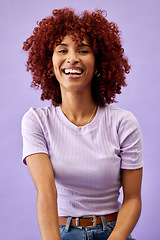 Image showing Beauty, happy and portrait of woman in studio with smile for wellness, skincare and confidence. Fashion, makeup and person on purple background in trendy clothes, cool outfit and style in cosmetics