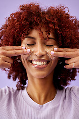 Image showing Skincare, smile and a woman touching for moisture, cell rejuvenation or wellness on a purple background. Happy, face and a girl feeling skin for a beauty process, cosmetics or analysis on a backdrop