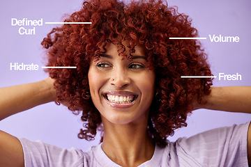 Image showing Hair, overlay and woman with labels in studio for wellness, haircare and keratin treatment benefits. Beauty salon, mockup and face of person on purple background for volume, curls and hairdresser