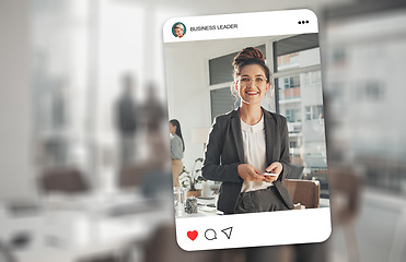 Image showing Social media, phone and woman on screen for business, digital marketing or networking with smile in office. Profile picture, status or heart of post for technology, connection and update of employee