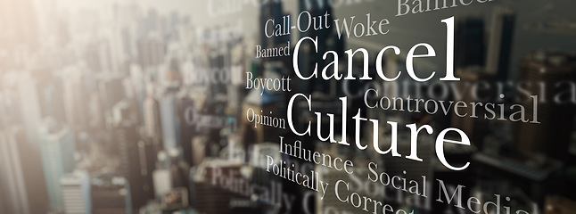 Image showing Cancel culture, words in city and social media opinion, silence freedom of speech and message. Text, censorship and mockup with overlay, call out or banner internet for online bullying in society