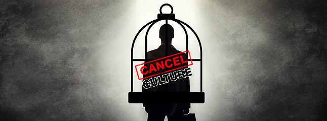 Image showing Cancel culture, overlay and cage on silhouette of person for bias, political controversy or criticism. Mockup, business and shadow of worker for professional society problem, banner or censorship