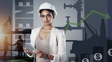 Image showing Construction, tablet and portrait of woman with overlay for maintenance, building and logistics planning. Engineering business, architecture and person with helmet on digital tech for growth strategy