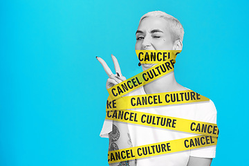 Image showing Cancel culture, peace sign and overlay with woman and space for social media, cyber bullying and toxic message. Free speech, censorship and restriction with person on blue background for mockup space