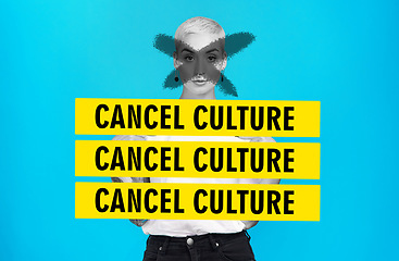 Image showing Cancel culture, woman and text overlay with graphic and sign for toxic and banned in studio. Blue background, cross and yellow banner with public shame and accountability or protest portrait