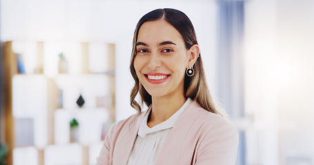 Image showing Face, laughing and business woman in office with pride for career, job or occupation in corporate workplace. Portrait, funny or happy female entrepreneur, professional or confident person from Canada