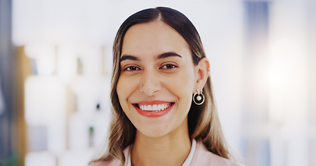 Image showing Face, happiness and business woman in office with pride for career, job or occupation in corporate workplace. Portrait, smile and female entrepreneur, professional or confident person from Greece.