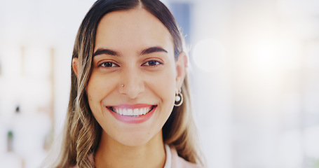 Image showing Face, smile and business woman in office with pride for career, job or occupation in corporate workplace. Portrait, happiness and female entrepreneur, professional or confident person from Greece.