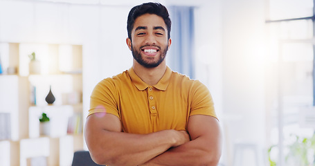 Image showing Portrait of laughing business manager standing with his arms crossed in an assertive power stance. Proud, smiling and confident executive businessman, ceo or leader with his arms folded in the office