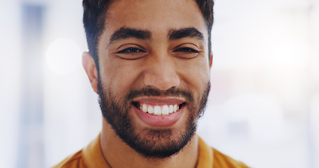 Image showing Face, smile and business man in office with pride for career, job or occupation. Portrait, professional and happy, confident and proud male entrepreneur from India with success mindset in workplace.