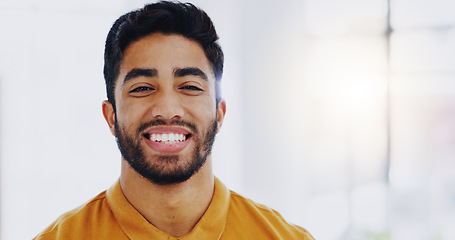 Image showing Face, smile and business man in office with pride for career, job or occupation. Portrait, professional and happy, confident and proud male entrepreneur from India with success mindset in workplace.