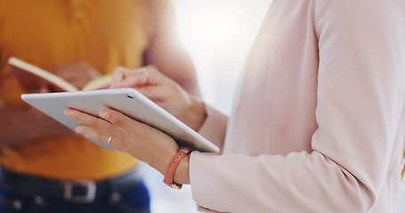 Image showing Closeup, staff and employees with a tablet, business or conversation in workplace for planning. Coworkers, man or woman with technology, book or brainstorming with teamwork, research or collaboration