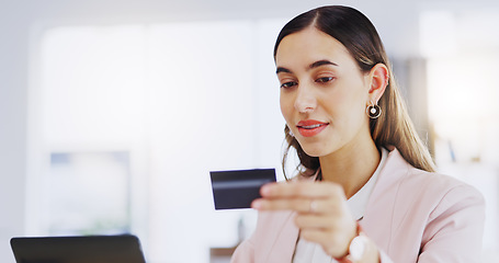 Image showing Credit card, smile and business woman with laptop in office for online shopping, digital banking or payment. Computer, ecommerce and female professional on internet for sales, finance and fintech.