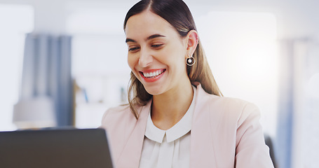 Image showing Laptop, smile and business woman in office, working on email or planning project. Computer, happiness and female professional typing, online browsing and reading research info in company workplace.