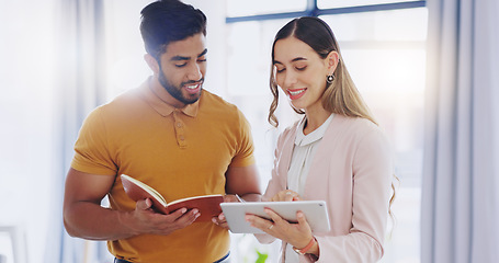 Image showing Business man, woman and tablet for discussion with notebook, talking and teamwork for planning strategy. Businessman, partnership and reading notes for goals, ideas or brainstorming at startup office