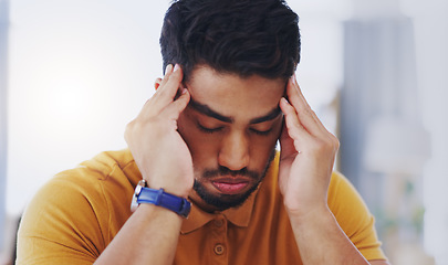 Image showing Stress, sick and business man with headache, tired or exhausted with fatigue in workplace. Mental health, migraine and depressed male professional with anxiety, burnout or pain, brain fog or problem.