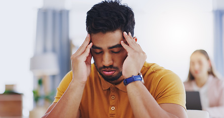 Image showing Stress, sick and business man with headache, tired or exhausted with fatigue in workplace. Mental health, migraine and depressed male professional with anxiety, burnout or pain, brain fog or problem.