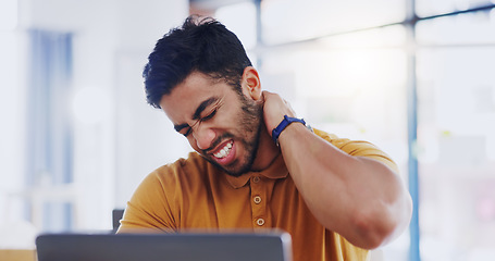 Image showing Laptop, neck pain and business man with injury in office workplace while working alone. Spine problem, arthritis and professional person with fibromyalgia, scoliosis or burnout, tired or backache.