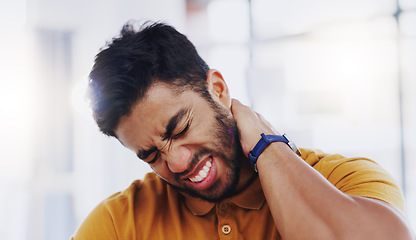 Image showing Laptop, neck pain and business man with injury in office workplace while working alone. Spine problem, arthritis and professional person with fibromyalgia, scoliosis or burnout, tired or backache.