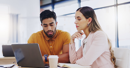 Image showing Meeting, training and business people planning on a laptop, reading proposal and strategy at work. Learning, collaboration and a man and woman speaking while looking at online information in office